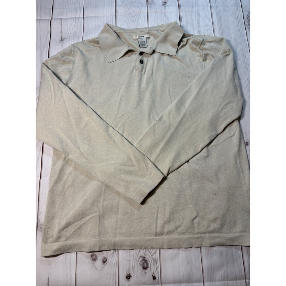 Vtg Men's Merona Long Sleeve Knit Polo Sweater Beige Tan Size Medium 55% Silk